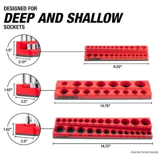 3 Piece SAE Magnetic Socket Tray Set, Magnetic Socket Organizers for Toolboxes, Rubberized Base, Holds up to 68 Sockets, Red Socket Holder