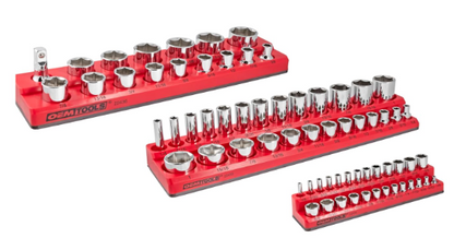 3 Piece SAE Magnetic Socket Tray Set, Magnetic Socket Organizers for Toolboxes, Rubberized Base, Holds up to 68 Sockets, Red Socket Holder