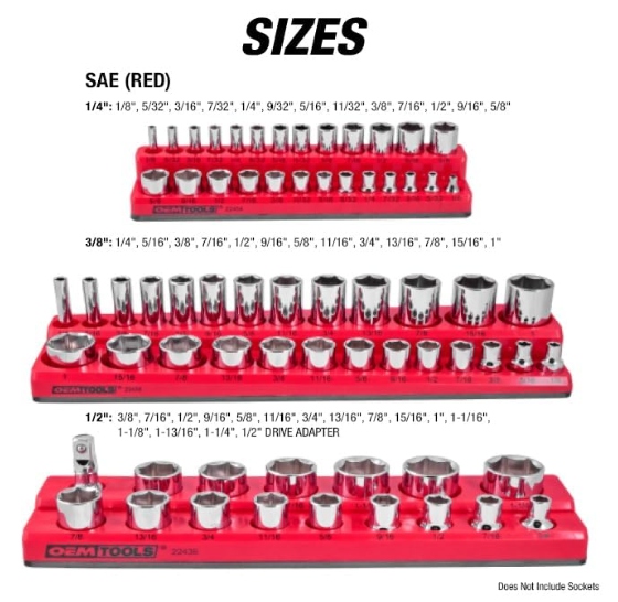 3 Piece SAE Magnetic Socket Tray Set, Magnetic Socket Organizers for Toolboxes, Rubberized Base, Holds up to 68 Sockets, Red Socket Holder