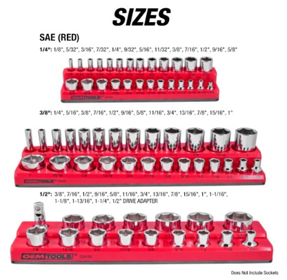 3 Piece SAE Magnetic Socket Tray Set, Magnetic Socket Organizers for Toolboxes, Rubberized Base, Holds up to 68 Sockets, Red Socket Holder