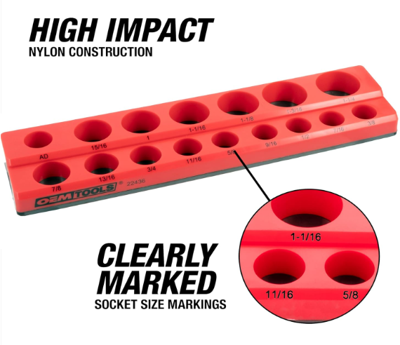 3 Piece SAE Magnetic Socket Tray Set, Magnetic Socket Organizers for Toolboxes, Rubberized Base, Holds up to 68 Sockets, Red Socket Holder