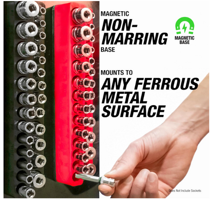 3 Piece SAE Magnetic Socket Tray Set, Magnetic Socket Organizers for Toolboxes, Rubberized Base, Holds up to 68 Sockets, Red Socket Holder