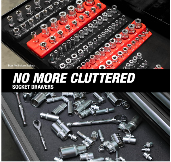 3 Piece SAE Magnetic Socket Tray Set, Magnetic Socket Organizers for Toolboxes, Rubberized Base, Holds up to 68 Sockets, Red Socket Holder