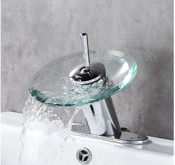 Waterfall Bathroom Sink Faucet – Modern Brass & Glass Circle, Single Handle, Polished Chrome