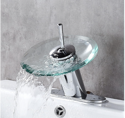 Waterfall Bathroom Sink Faucet – Modern Brass & Glass Circle, Single Handle, Polished Chrome