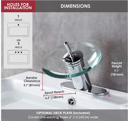 Waterfall Bathroom Sink Faucet – Modern Brass & Glass Circle, Single Handle, Polished Chrome