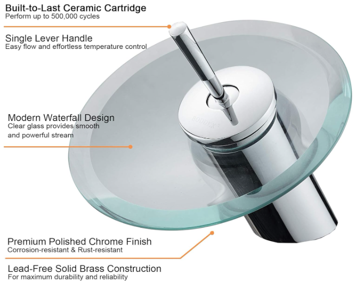 Waterfall Bathroom Sink Faucet – Modern Brass & Glass Circle, Single Handle, Polished Chrome