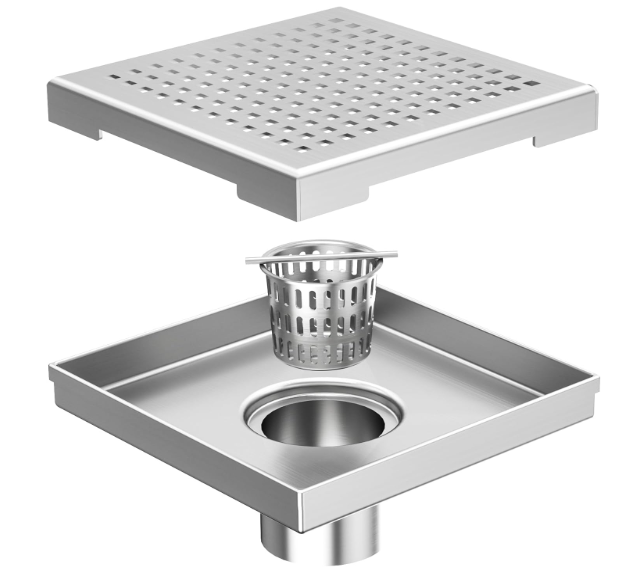 6-Inch Black Square Shower Drain – Brushed 304 Stainless Steel with Removable Quadrato Grate, Certified