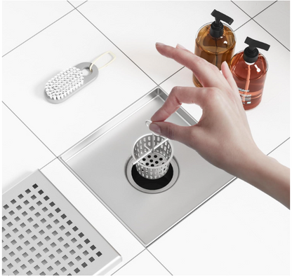 6-Inch Black Square Shower Drain – Brushed 304 Stainless Steel with Removable Quadrato Grate, Certified