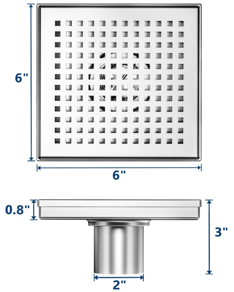 6-Inch Black Square Shower Drain – Brushed 304 Stainless Steel with Removable Quadrato Grate, Certified
