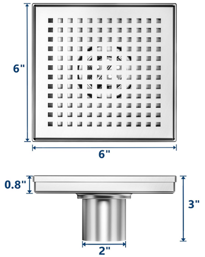 6-Inch Black Square Shower Drain – Brushed 304 Stainless Steel with Removable Quadrato Grate, Certified