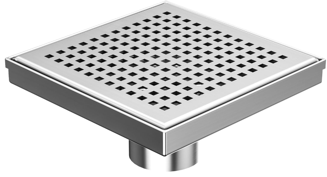 6-Inch Black Square Shower Drain – Brushed 304 Stainless Steel with Removable Quadrato Grate, Certified
