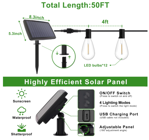 Solar Outdoor String Lights – 50Ft, 12 Waterproof Vintage Bulbs