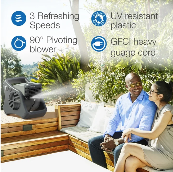 Misto 15" Outdoor Pivoting Misting Fan – 3 Speeds, GFCI Cord, Black