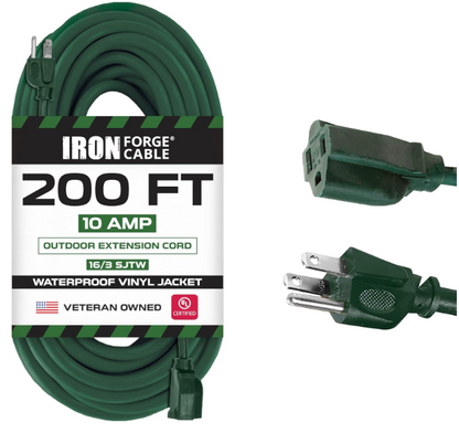 Heavy Duty 200 ft Outdoor Extension Cord – 16/3, 3-Prong, Green