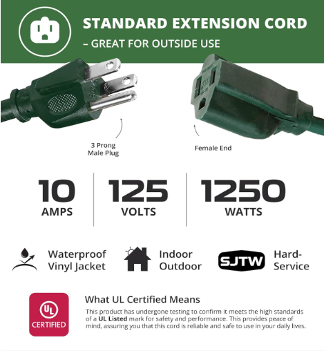 Heavy Duty 200 ft Outdoor Extension Cord – 16/3, 3-Prong, Green