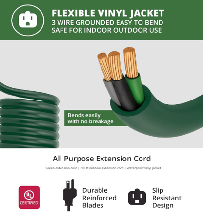Heavy Duty 200 ft Outdoor Extension Cord – 16/3, 3-Prong, Green