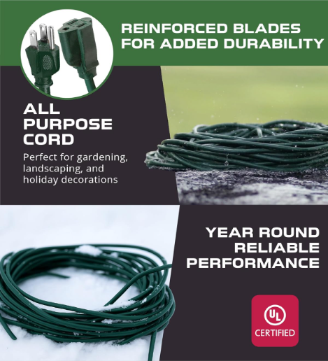Heavy Duty 200 ft Outdoor Extension Cord – 16/3, 3-Prong, Green