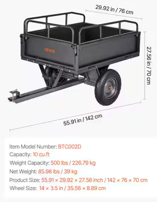 Garden Utility Trailer, 10 Cu. Ft. Steel Garden Cart, ATV/UTV Tow Behind, 14 In. Tires, 2025 Update