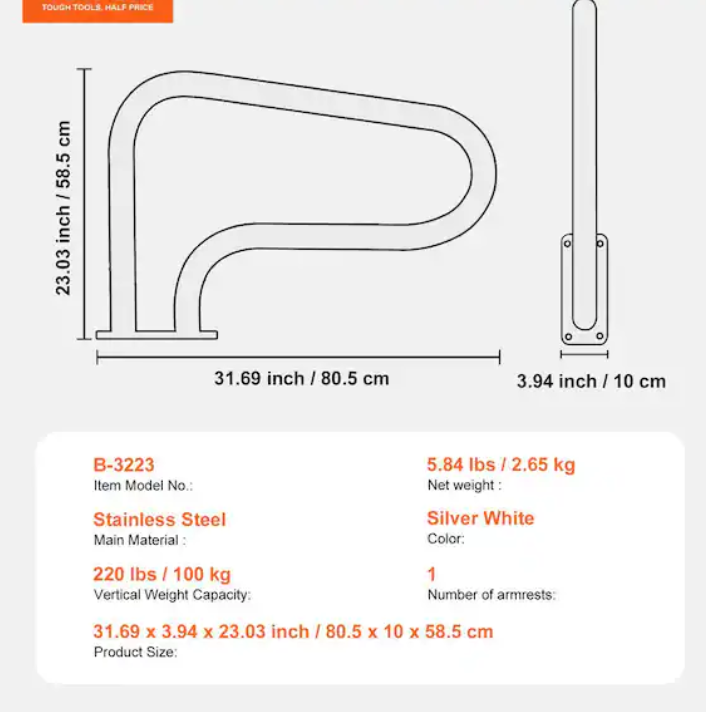 Stainless Steel Pool Handrail – Durable Swimming Pool Railing for Above Ground Pools - 32 x 32 in.