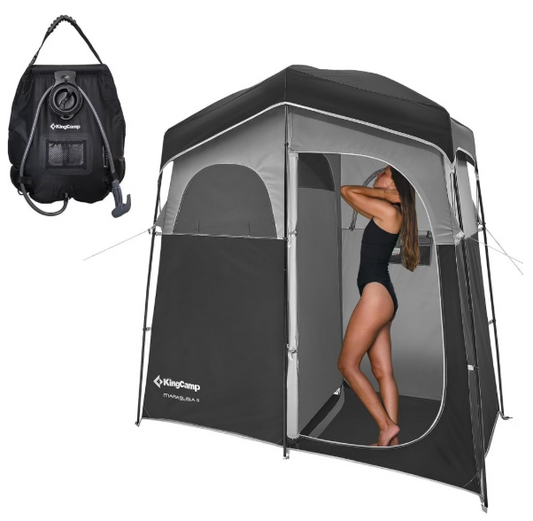 Oversize 2-Room Camping Shower Tent – Portable Privacy Shelter with 5-Gallon Solar Heated Bag for Hiking & Outdoor Use