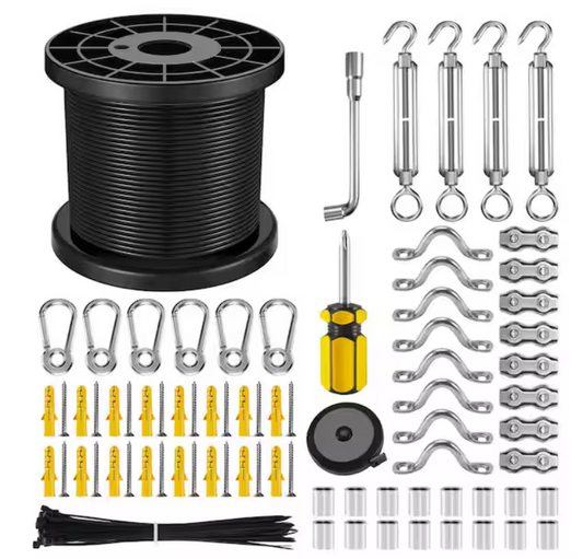 164Ft Vinyl-Coated 304 Stainless Steel Cable String Light Hanging Kit with Turnbuckles & Hooks for Patio and Backyard