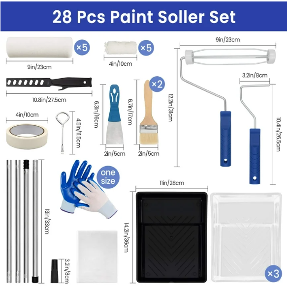 Tidymend  Kit, 28 Pcs s with Extension Pole, Roller Paint Brush for Painting Walls
