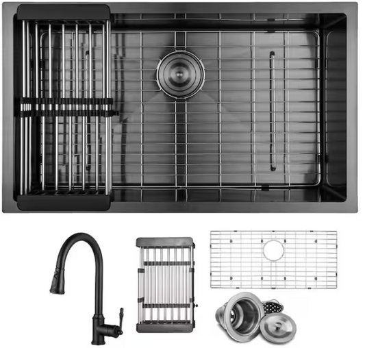 Premium All-In-One Gunmetal Black Kitchen Sink 32"x19" – Stainless Steel Single Bowl with Pull-Down Faucet