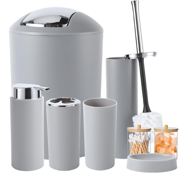 Grey Bathroom Accessories Set – Trash Can, Toothbrush Holder, Soap Dispenser, Tumbler & Q-tip Holder