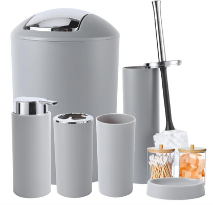 Grey Bathroom Accessories Set – Trash Can, Toothbrush Holder, Soap Dispenser, Tumbler & Q-tip Holder