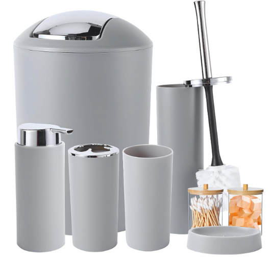 Grey Bathroom Accessories Set – Trash Can, Toothbrush Holder, Soap Dispenser, Tumbler & Q-tip Holder
