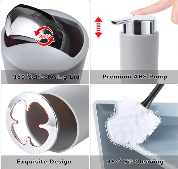 Grey Bathroom Accessories Set – Trash Can, Toothbrush Holder, Soap Dispenser, Tumbler & Q-tip Holder