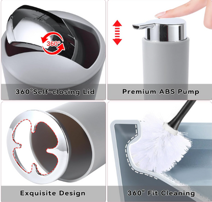 Grey Bathroom Accessories Set – Trash Can, Toothbrush Holder, Soap Dispenser, Tumbler & Q-tip Holder
