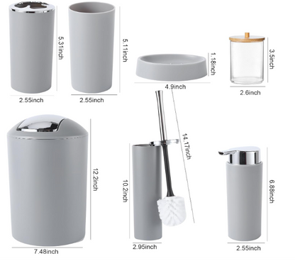 Grey Bathroom Accessories Set – Trash Can, Toothbrush Holder, Soap Dispenser, Tumbler & Q-tip Holder