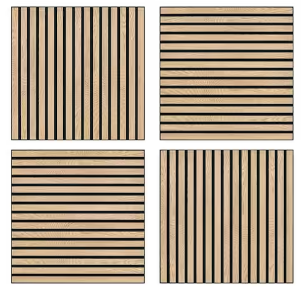 Natural Wood Slat Acoustic Panels – 0.7" x 2'x2', Yellow MDF Decorative Wall Panels, 4-Piece Set