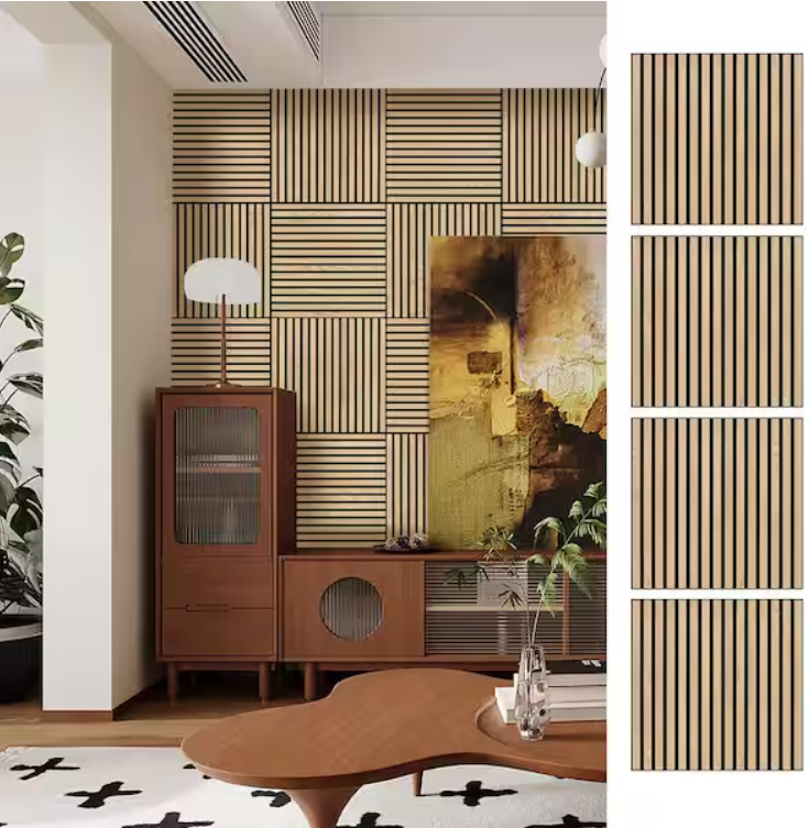 Natural Wood Slat Acoustic Panels – 0.7" x 2'x2', Yellow MDF Decorative Wall Panels, 4-Piece Set