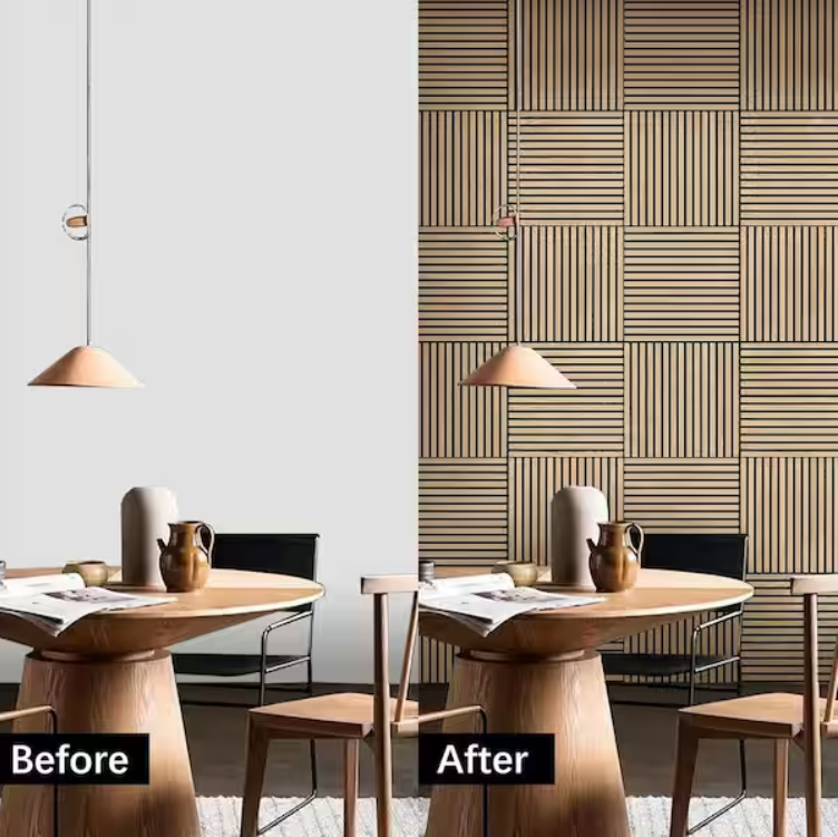 Natural Wood Slat Acoustic Panels – 0.7" x 2'x2', Yellow MDF Decorative Wall Panels, 4-Piece Set