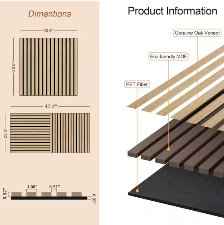 Natural Wood Slat Acoustic Panels – 0.7" x 2'x2', Yellow MDF Decorative Wall Panels, 4-Piece Set