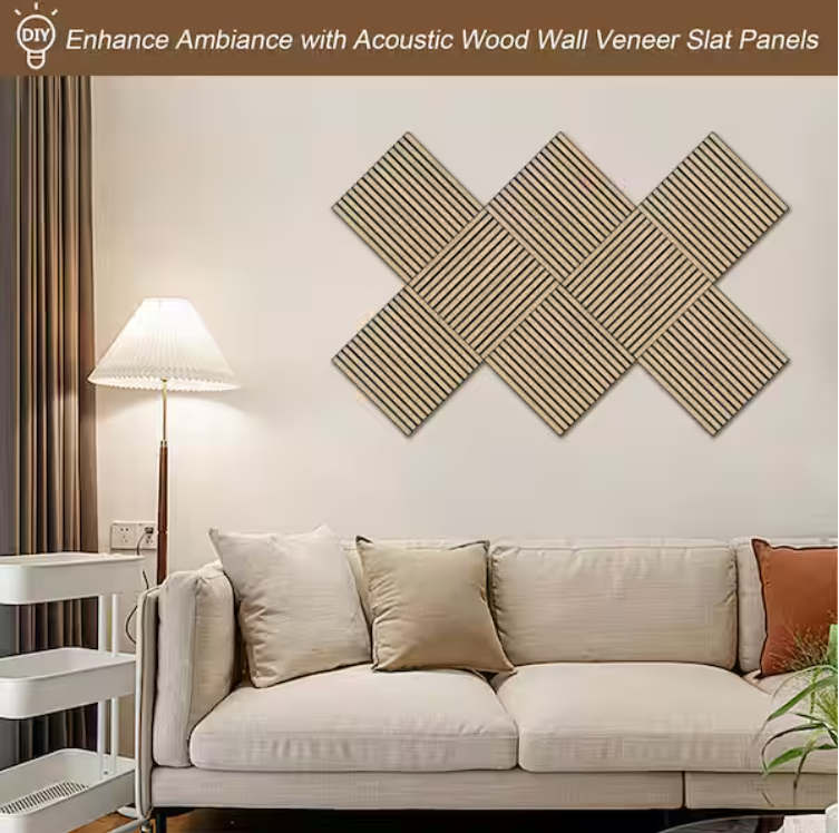 Natural Wood Slat Acoustic Panels – 0.7" x 2'x2', Yellow MDF Decorative Wall Panels, 4-Piece Set