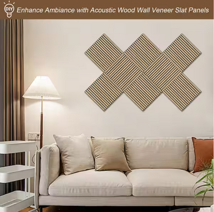 Natural Wood Slat Acoustic Panels – 0.7" x 2'x2', Yellow MDF Decorative Wall Panels, 4-Piece Set