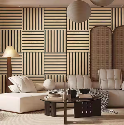 Natural Wood Slat Acoustic Panels – 0.7" x 2'x2', Yellow MDF Decorative Wall Panels, 4-Piece Set