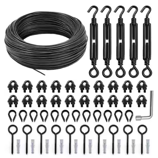 100 Ft PVC Coated Steel Cable String Light Hanging Kit – Outdoor Black Suspension Wire for Patio & Camping