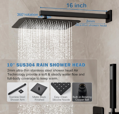 Luxury Matte Black Rain Shower System – 10" Showerhead with Handheld Spray & Valve Included