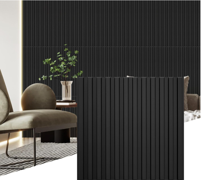 Modern Black Slat Wall Panels – 3D PVC Fluted Wall Decor Tiles 19.7" x 19.7" (12 Pack)