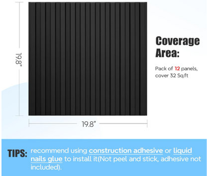 Modern Black Slat Wall Panels – 3D PVC Fluted Wall Decor Tiles 19.7" x 19.7" (12 Pack)