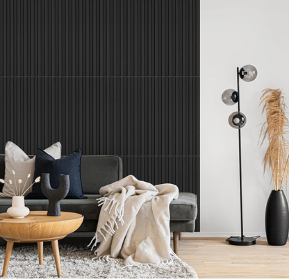 Modern Black Slat Wall Panels – 3D PVC Fluted Wall Decor Tiles 19.7" x 19.7" (12 Pack)