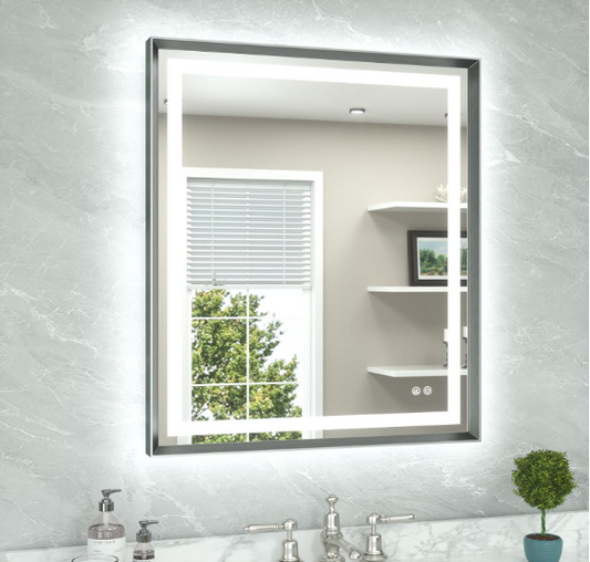 30x36 LED Bathroom Vanity Mirror – Brushed Gunmetal Frame, Front & Backlit, Anti-Fog, Dimmable