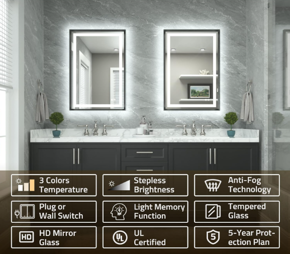 30x36 LED Bathroom Vanity Mirror – Brushed Gunmetal Frame, Front & Backlit, Anti-Fog, Dimmable