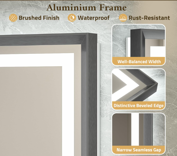30x36 LED Bathroom Vanity Mirror – Brushed Gunmetal Frame, Front & Backlit, Anti-Fog, Dimmable