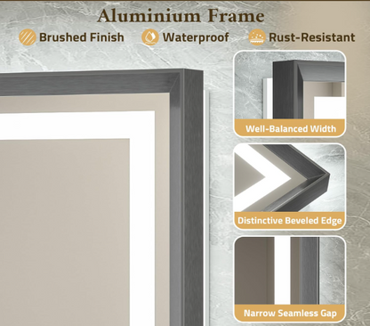 30x36 LED Bathroom Vanity Mirror – Brushed Gunmetal Frame, Front & Backlit, Anti-Fog, Dimmable